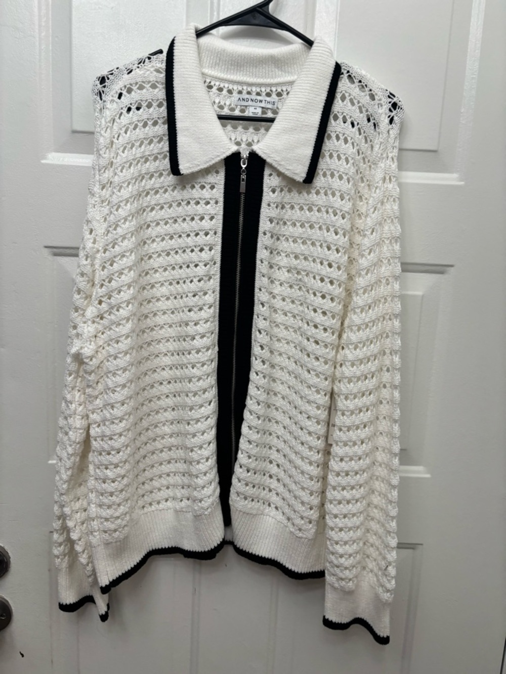 And Now This White Open-Knit Zip Cardigan with Black Trim